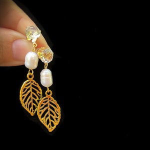 Gold leaf earrings, Long bridal earrings, baroque pearl earrings, rhinestone stud earrings drop, Wedding Jewelry, Bridesmaid Gifts earrings