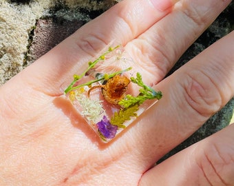 Anillo de fantasía de bosque de setas reales joyería de piedra de nacimiento personalizada regalos de cumpleaños anillo ajustable