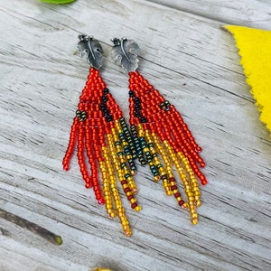 Unique handmade earrings, Burnt orange gold statement earrings, Leaf stud earrings big, Long seed beaded Fringe earrings, jewelry for her image 1