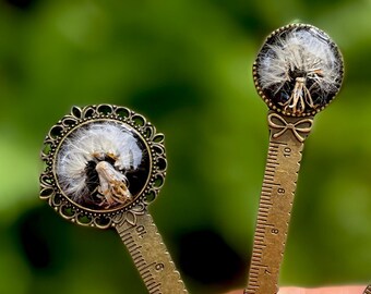 Real Dandelion Bookmark: Bronze Metal Ruler, January Birth Flower Black Gothic Bookish Gifts