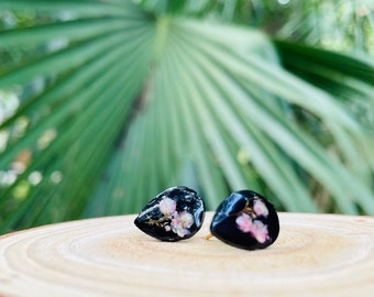 Dainty minimalist teardrop black pink flower resin earrings studs and necklace jewelry set unique holiday gift for best friend 21 birthday