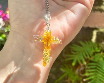 August Birth Flower Cross Necklace: Real Sunflower Resin Pendant, Handmade Jewelry