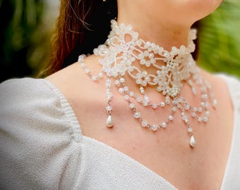 White Beaded Wedding Collar Necklace Multi Strand Pearl Choker Wide Crystal Necklace Fringe Victorian Bridal Choker Vintage Bridal Necklace