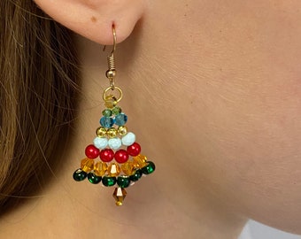 Cute rainbow Christmas tree earrings dangle, Austrian Crystal Christmas Tree Earrings Unique holiday gift for best friend handmade