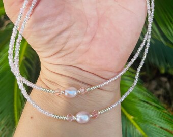 Minimalist seed beaded choker, real freshwater baroque pearl necklace, blush pink and silver seed bead necklace for women bridesmaids gifts