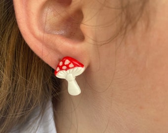 Red mushroom earrings, cute polymer clay mushroom earrings, handmade cottagecore earrings, mushroom imagery jewelry, Gothic mens earrings