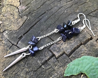 edgy earrings for women~silver spike earrings~Navy Blue Bridesmaid Earrings~Birthstone Jewelry for mom~personalized gemstone gift goldstone