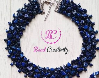 Raw birthstone Lapis Lazuli crystal necklace collar unique holiday gift for her handmade beaded jewelry set for mom wife September birthday