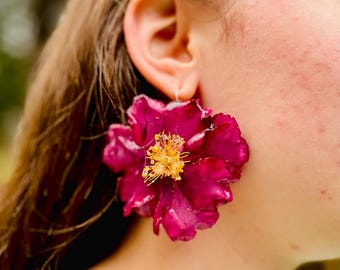 Real Camellia Flower Earrings | Unique Magenta Floral Jewelry for Pierced & Non-Pierced Ears