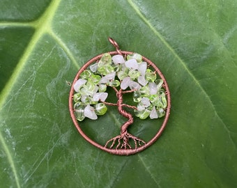 Ship next day, Peridot and clear quartz tree of life necklace, Round copper pendant with raw crystals gift for her, Fathers Day gift husband