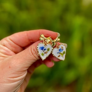 Coquette bows Bridesmaid Earrings Blue Flower Heart Earrings Bow Earrings Gold Unique gift for Mom Vintage Floral Ceramics inspired Jewelry