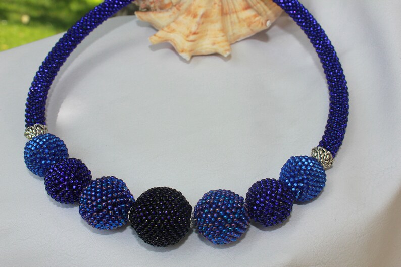 Blue bib choker necklaces for women seed beaded ball bonbon jewelry for her bold statement necklaces, fashion jewellery for women bridesmaid image 5