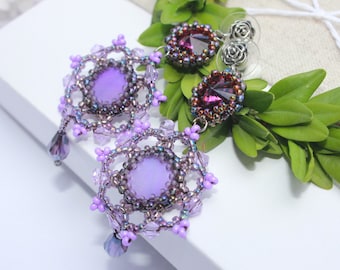 Purple  earrings beaded Unique gift for her,  Amethyst Swarovski crystal and mother of the pearl beaded earrings, Long drop earrings wife