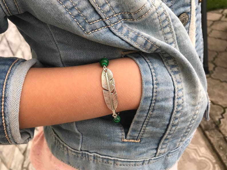 Personalized birthstone feather bracelet Silver Malachite bracelet for her for men friendship bracelet, matching couple bracelets minimalist image 3