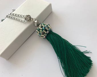 Long tassel necklace~Emerald green May birthday~Unique present bridal shower~lariat necklace silver~fringe necklace~graduation girlfriend