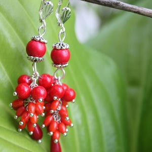 Valentines day Red coral statement earrings gift for women, mom birthday gift gemstone cluster earrings, unique gift for her dangle earrings image 4