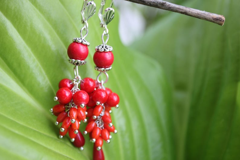 Valentines day Red coral statement earrings gift for women, mom birthday gift gemstone cluster earrings, unique gift for her dangle earrings image 4