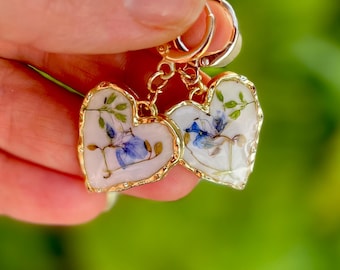 Bridesmaid Earrings Matching Bridesmaid Dress Whimsical Dainty Blue and White Flower Heart Huggie Earrings 14k Gold Bridesmaid proposal gift