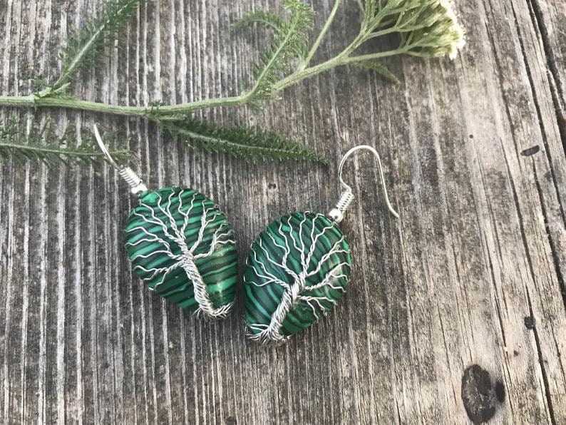 Malachite earrings, crystal earrings, gemstone green stone earrings, simple earrings, dangle square earrings, Mothers Day gift for her mom image 4