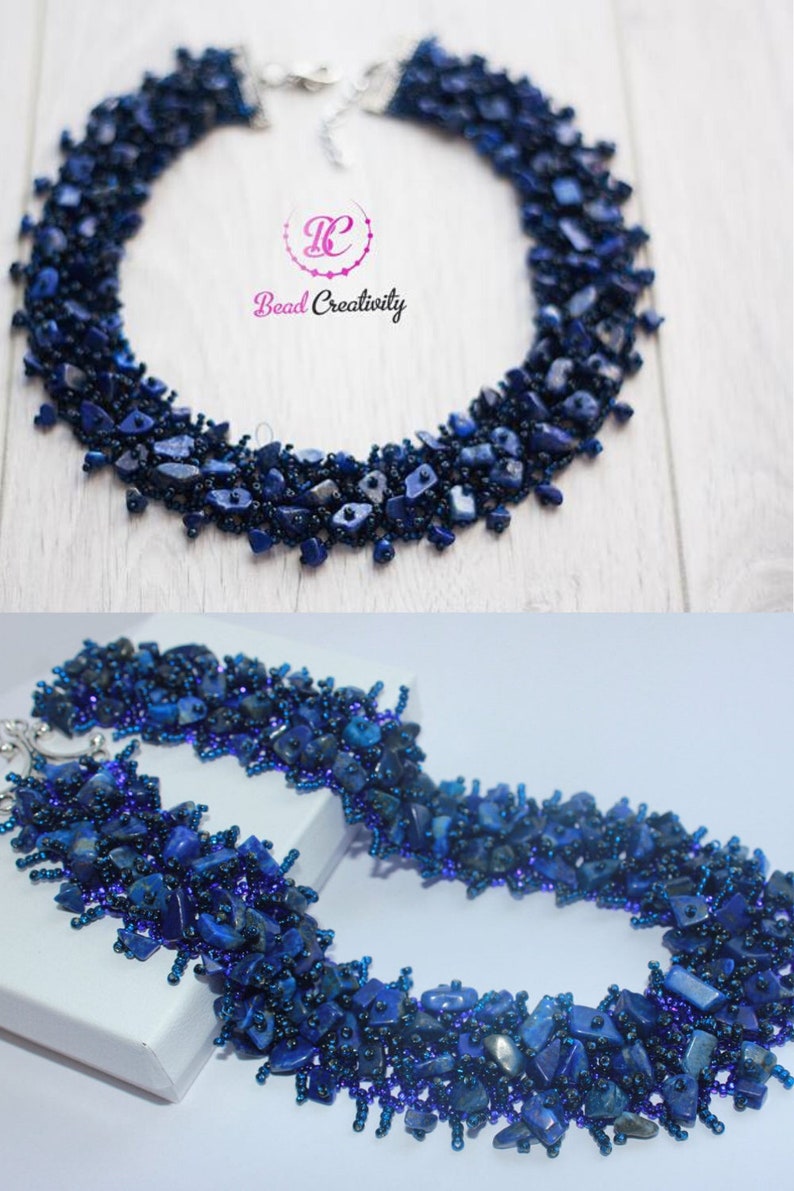 Raw birthstone Lapis Lazuli crystal necklace collar unique holiday gift for her handmade beaded jewelry set for mom wife September birthday image 2