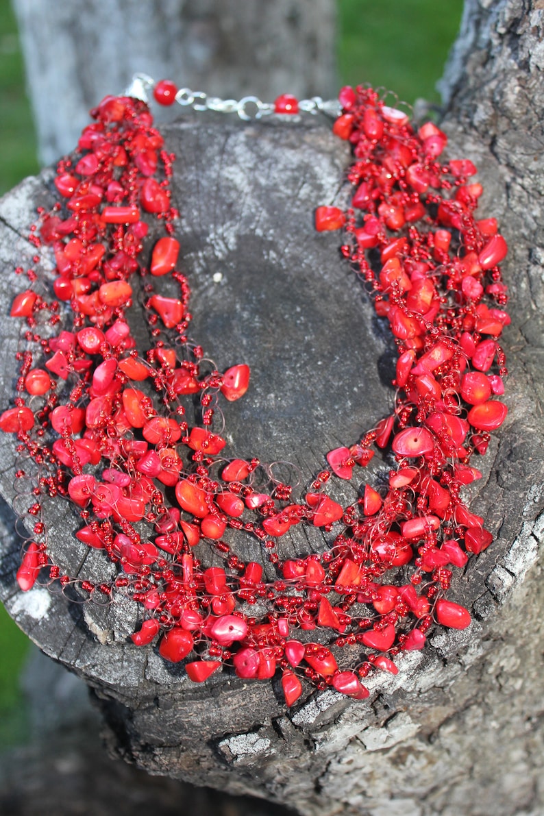 Christmas personalized holiday gift for her mom, Red coral Necklace multi strand, Raw birthstone crystal necklace, custom gemstone jewelry image 2