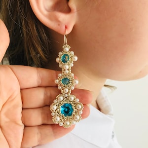 Wedding earrings for brides~Bridal dangle earrings~Swarovski pearl bridal earrings~Beaded earrings for wedding turquoise chandelier earrings