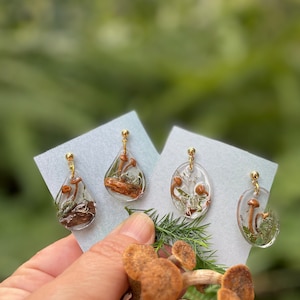 Mushroom terrarium earrings 14K gold Real Mushroom moss resin earrings silver Woodland inspired unique fairycore  Miniature Forest earring