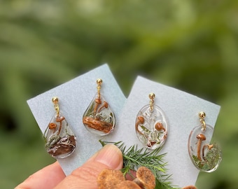 Mushroom terrarium earrings 14K gold Real Mushroom moss resin earrings silver Woodland inspired unique holiday gift Miniature Forest earring