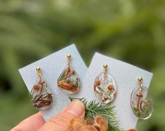 Mushroom terrarium earrings 14K gold Real Mushroom moss resin earrings silver Woodland inspired unique holiday gift Miniature Forest earring