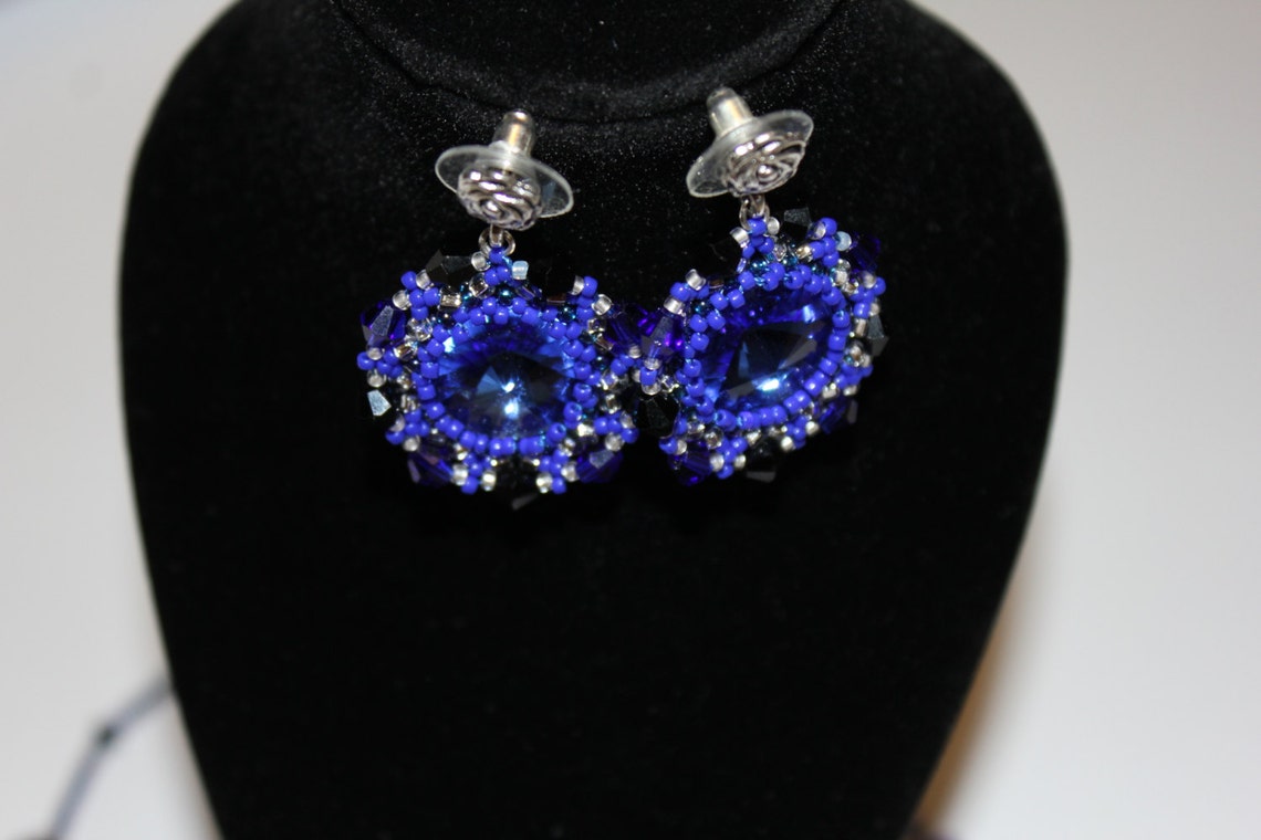 Swarovski Crystal Earrings Silver Black and Blue Earrings Etsy