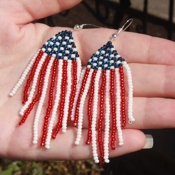 4th july earrings~patriotic jewelry for women~usa jewelry~patriotic seed bead earrings, Labor Day gift idea teacher, fourth of july earrings