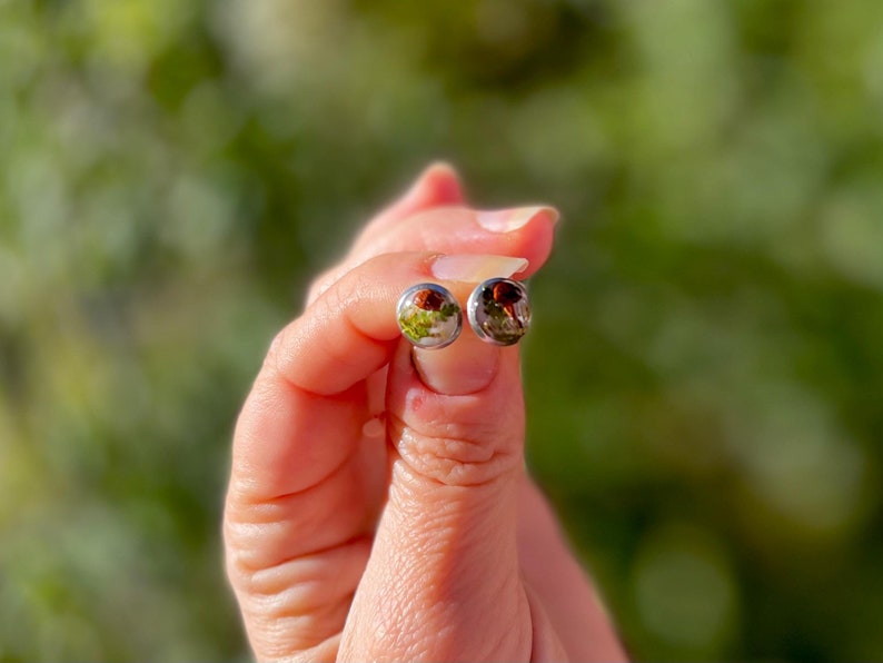 May include: A pair of silver stud earrings with small round green and brown resin insets.
