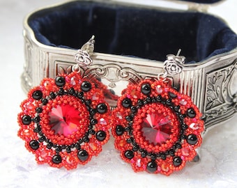 Swarovski crystal chandelier earrings, Red beaded earrings, Statement earrings for women, Valentine jewelry for girlfriend Romantic earrings
