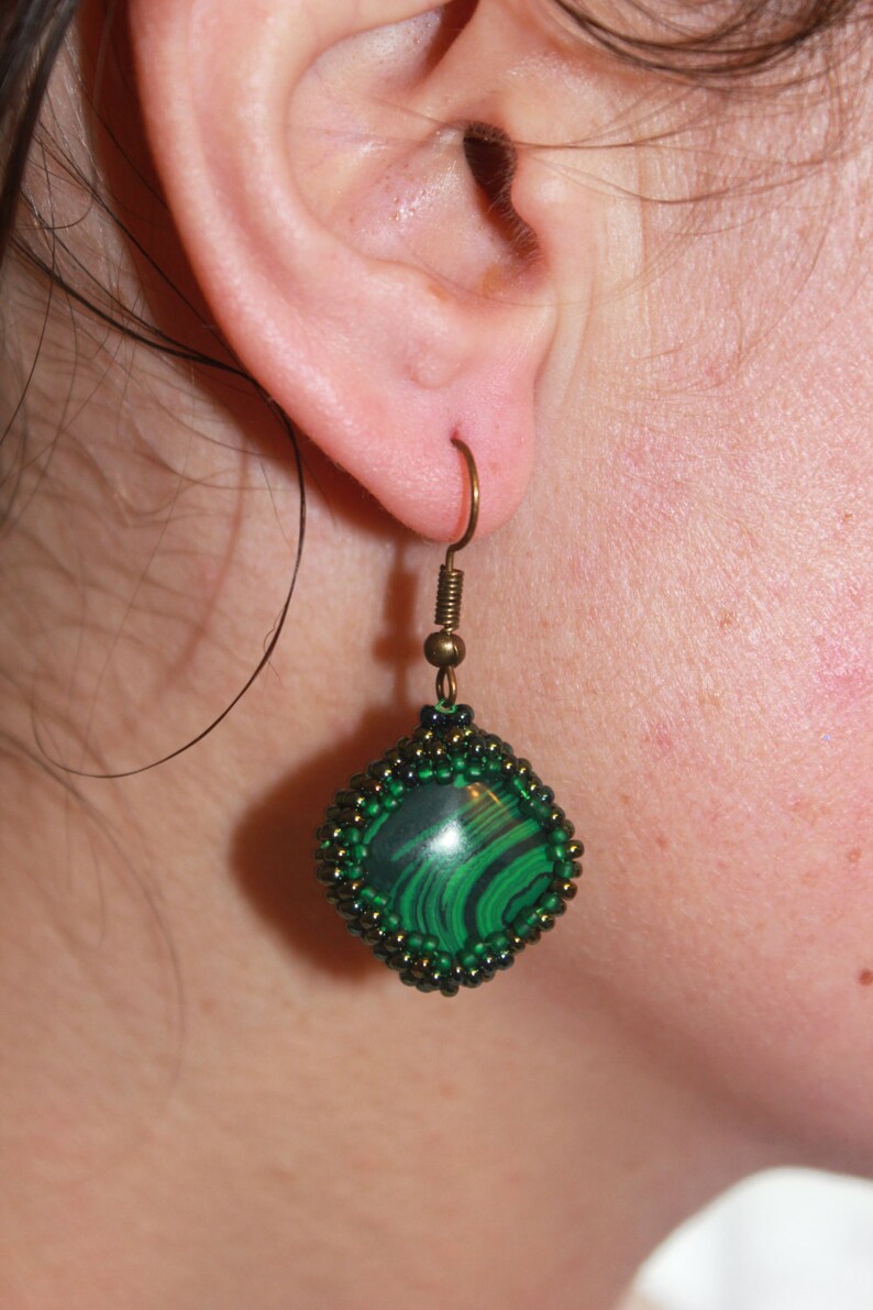 Malachite earrings, crystal earrings, gemstone green stone earrings, simple earrings, dangle square earrings, Mothers Day gift for her mom image 7