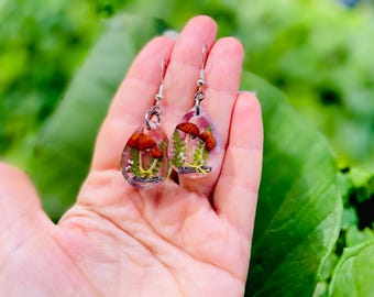 Cute real Mushroom earrings gold silver fairy dangle botanical earrings unique holiday gift for her handmade wanderlust jewelry for sister