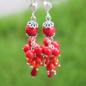 Valentines day Red coral statement earrings gift for women, mom birthday gift gemstone cluster earrings, unique gift for her dangle earrings image 6