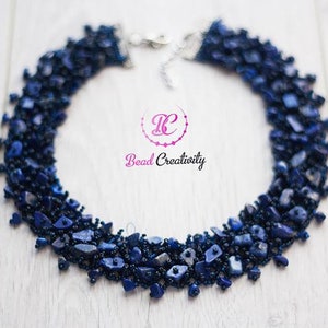 Raw birthstone Lapis Lazuli crystal necklace collar unique holiday gift for her handmade beaded jewelry set for mom wife September birthday image 1