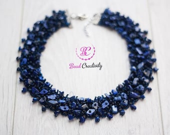 Raw birthstone Lapis Lazuli crystal necklace collar unique holiday gift for her handmade beaded jewelry set for mom wife September birthday