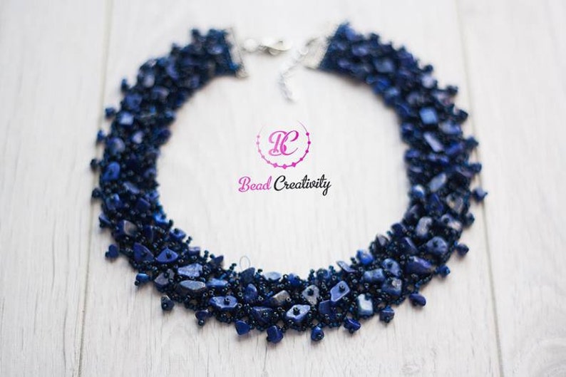 Raw birthstone Lapis Lazuli crystal necklace collar unique holiday gift for her handmade beaded jewelry set for mom wife September birthday image 1