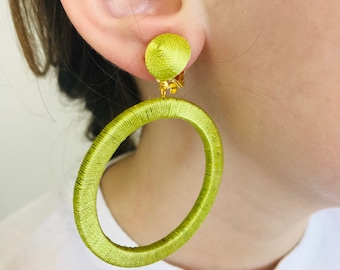 Chartreuse green Oversize hoop earrings, big hoops clip on, statement laser cut wooden studs, trendy fashion jewelry, olive green earrings