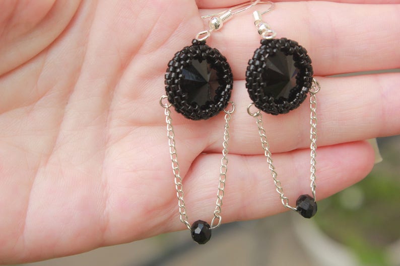 Earrings. Black earrings beaded, Gothic earrings, goth chain earrings, goth jewelry, steampunk earrings, black jewelry for her, self gift, image 5