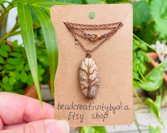 Dainty Picture Jasper tree of life pendant necklace, unique Wirewrapped jewelry gift for him boyfriend wedding anniversary gift for her wife