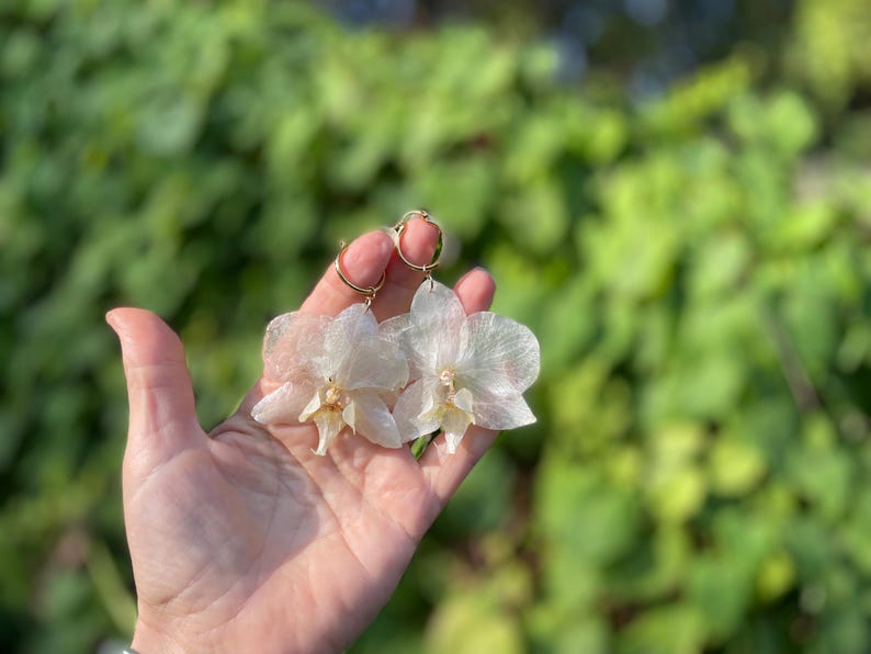 Pode incluir: Um par de brincos de argola com p&eacute;talas de orqu&iacute;dea transl&uacute;cidas em tom branco sujo. Cada brinco est&aacute; suspenso numa argola fina de metal dourado, exibindo texturas florais delicadas e nervuradas e um pequeno detalhe central tipo p&eacute;rola.