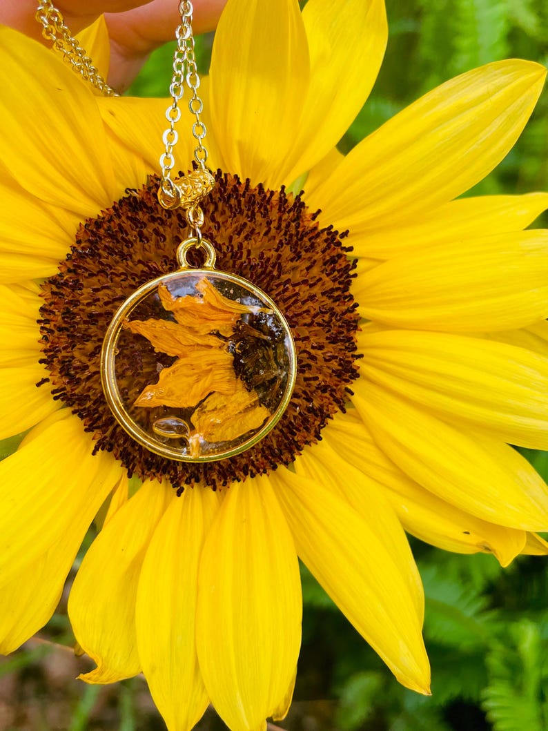 May include: A gold necklace featuring a circular pendant with dried yellow flower petals. The pendant hangs from a delicate chain, set against a bright yellow sunflower with a dark brown centre and green leaves.