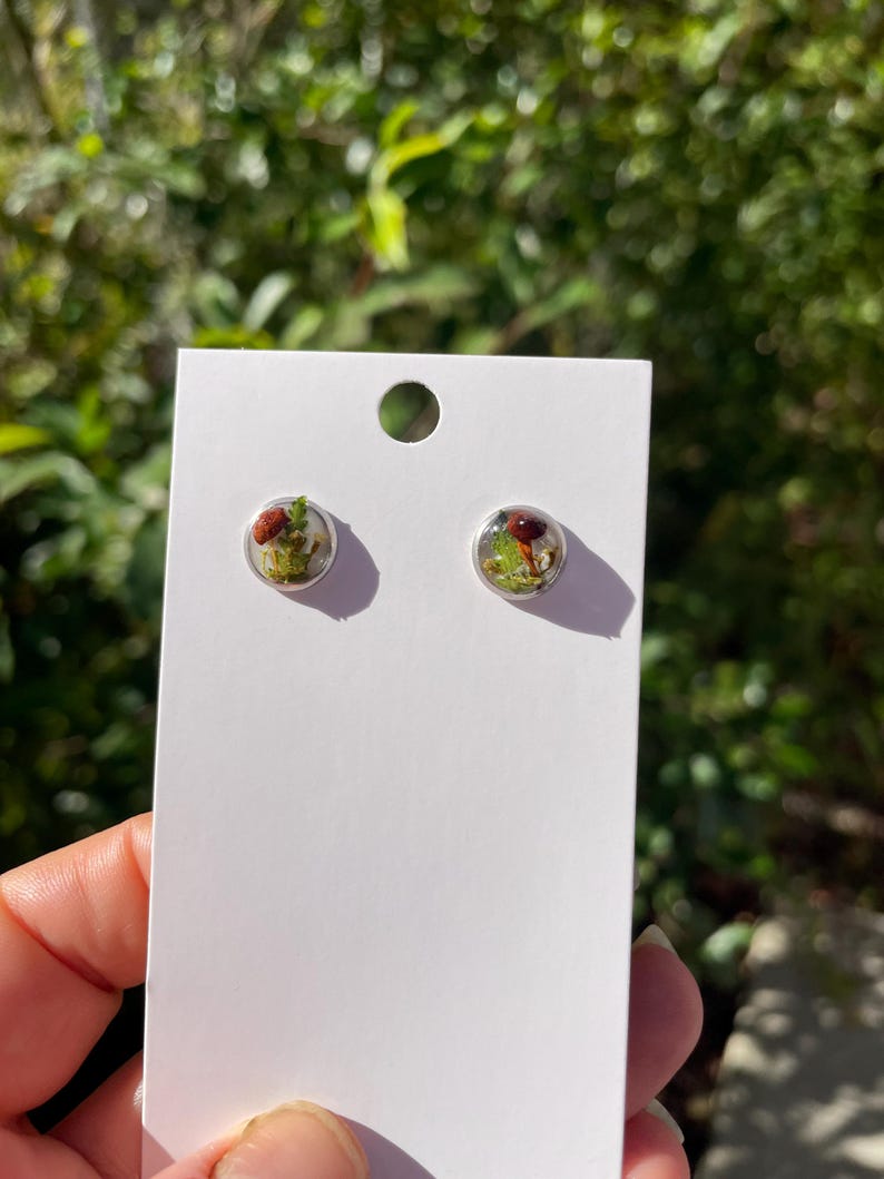 May include: A pair of silver stud earrings with a clear resin dome containing a small mushroom and green moss.