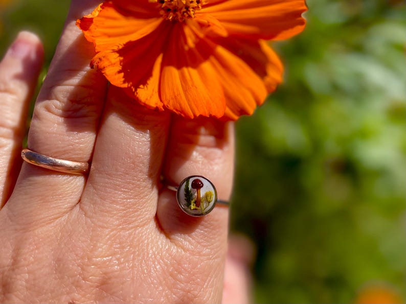 May include: A silver ring with a clear resin dome featuring a pressed flower and mushroom design. The ring is on a person's finger.