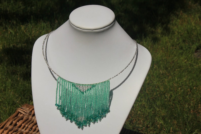 Mint green bead necklace tribal necklace seed bead fringe image 1