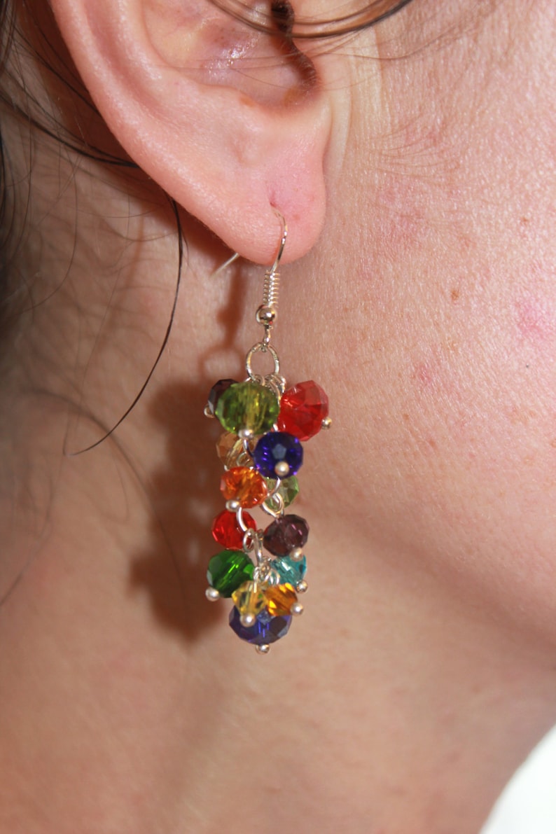 Multicolor crystal earrings dangle Rainbow cluster earrings drop elegant classy earrings gold or silver unique birthday gift for her mother image 3