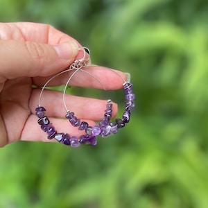 Amethyst earrings, Custom hoop earrings with Amethyst beads, jewelry gift daughter, crystal hoop earrings, February Birthstone earrings wife image 1