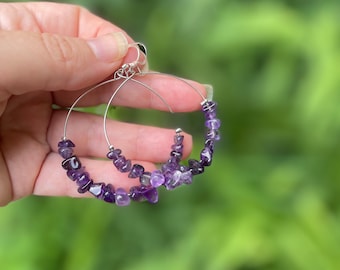 Amethyst earrings, Custom hoop earrings with Amethyst beads, jewelry gift daughter, crystal hoop earrings, February Birthstone earrings wife
